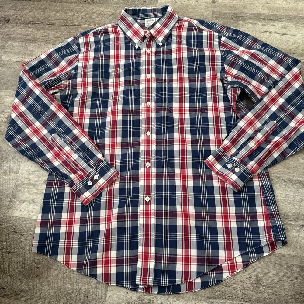 Brooks Brothers Shirt Mens Large Blue Wine 100% Supima Plaid Button Up Non Iron